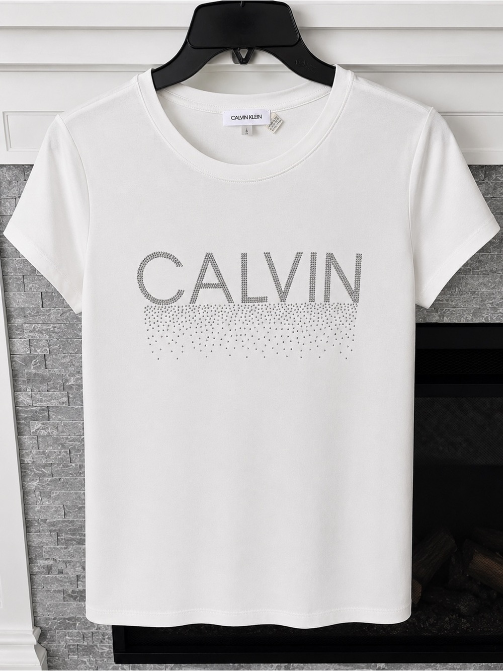 Top Calvin Klein Exercise Tee Women’s White Silver Sparkle Crystal Logo Athletic